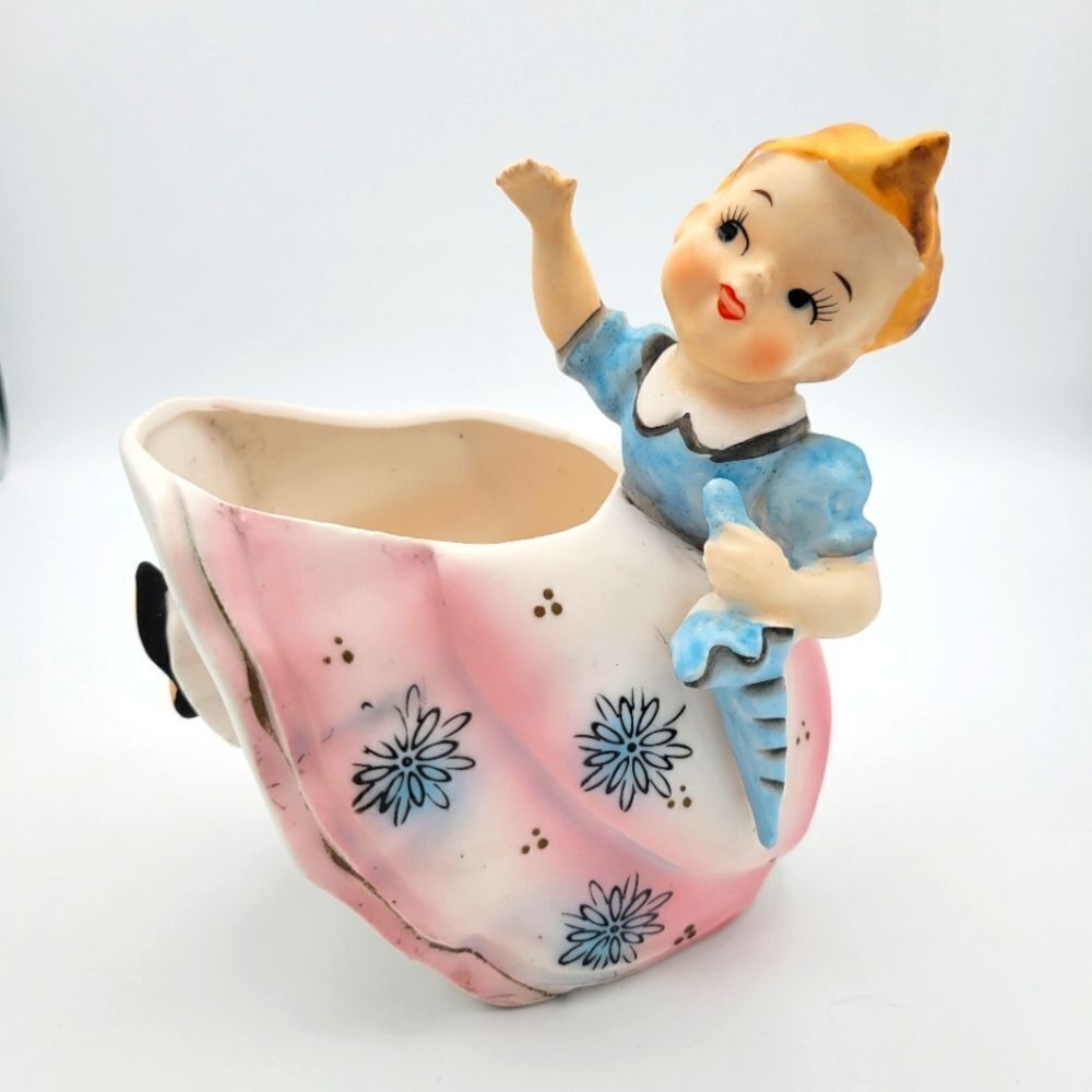 Vintage Velco Ceramic Girl Planter with Pink and Blue Accents
